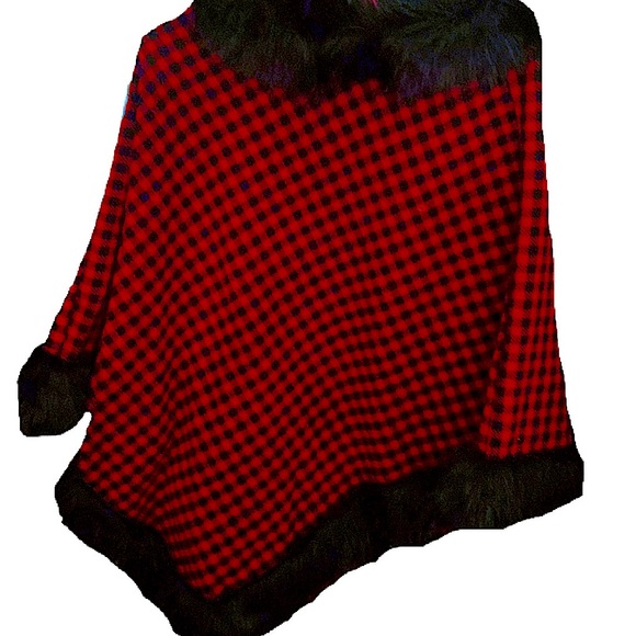 Jackets & Blazers - Red plaid fur lined poncho